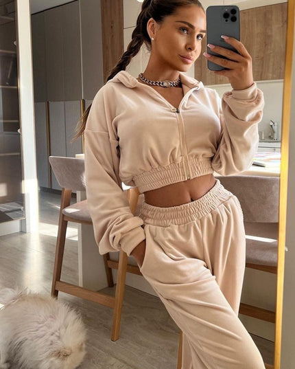 ZASUWA Female Velvet Zipper Pocket Hooded Casual Cropped Tracksuit