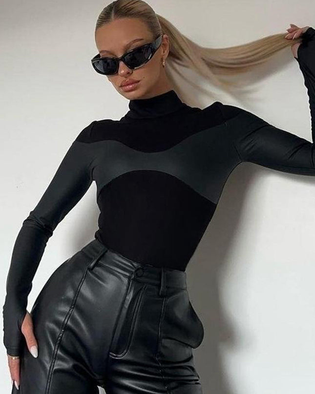 ZASUWA Female Faux Leather Stand Collar Bodysuit