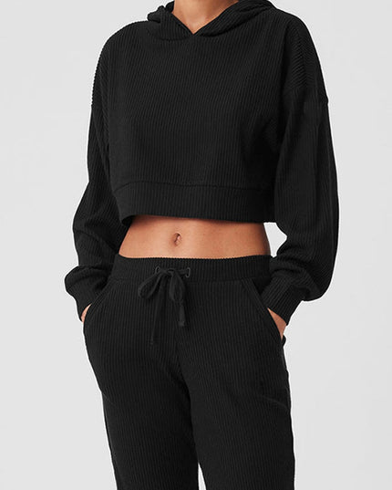 ZASUWA Female Velvet Ribbed Pocket Hooded Tracksuit