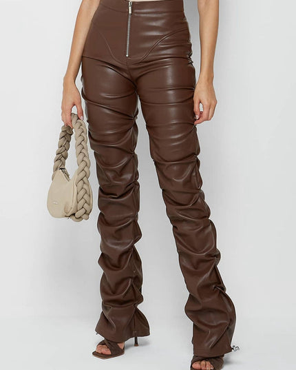 ZASUWA Female Faux Leather Folds Zipper Fashion Leggings