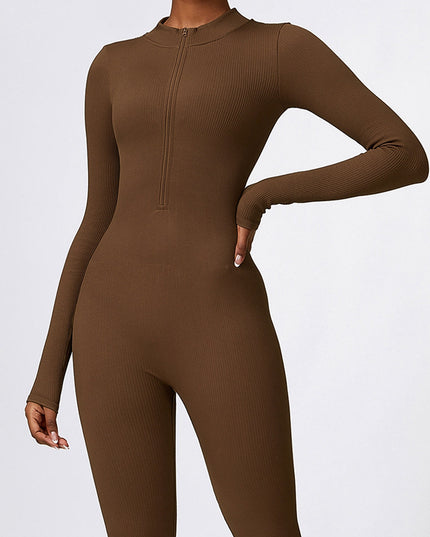 ZASUWA Female Ribbed Zipper Stand Collar Jumpsuit