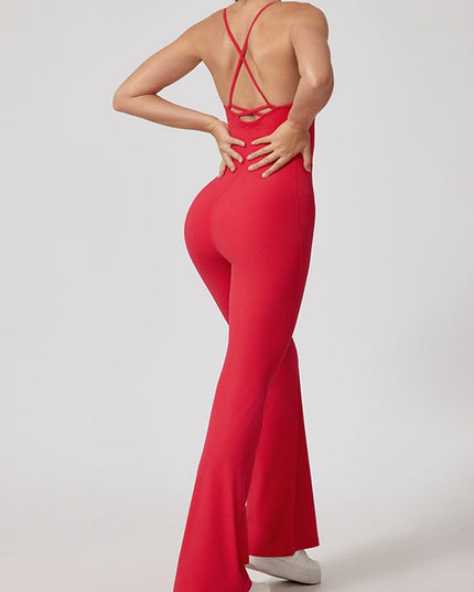 ZASUWA Female Sexy Ribbed Cross Back Flare Jumpsuit