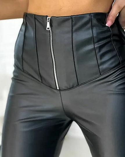 ZASUWA Female Faux Leather Zipper Tummy Control Leggings