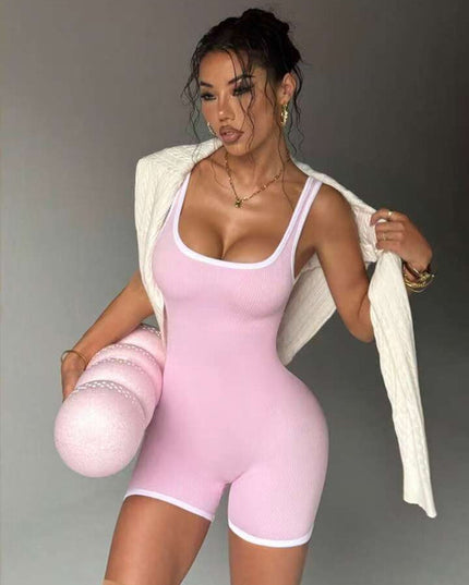 ZASUWA Female Contrast Color Ribbed Scrunch Bum Backless Romper