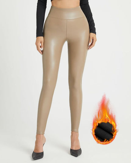 ZASUWA Female Fleece PU Faux Leather Hip-lift Elastic Tight Leggings
