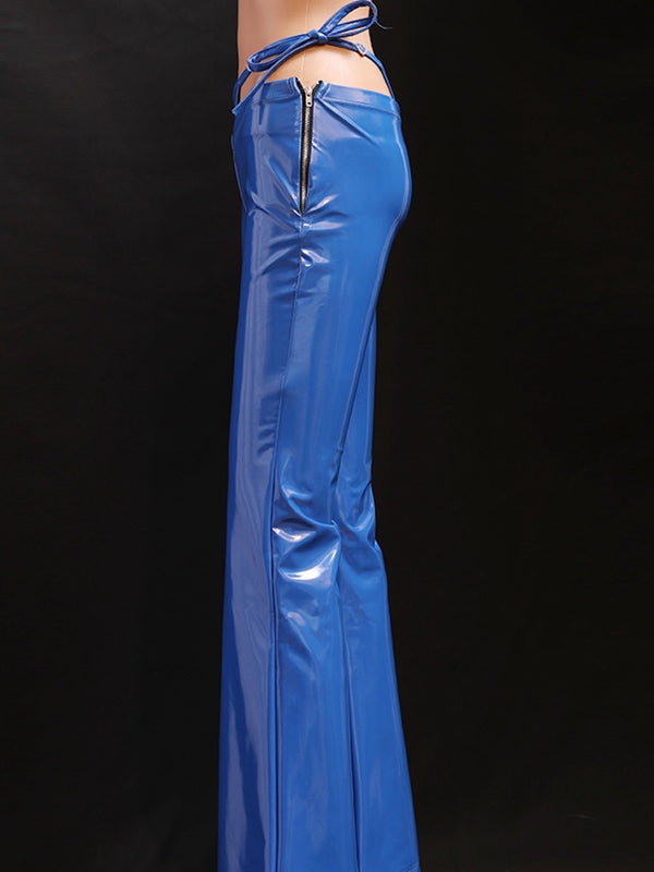 ZASUWA Female Glossy Faux Leather Cutout Flare Leggings