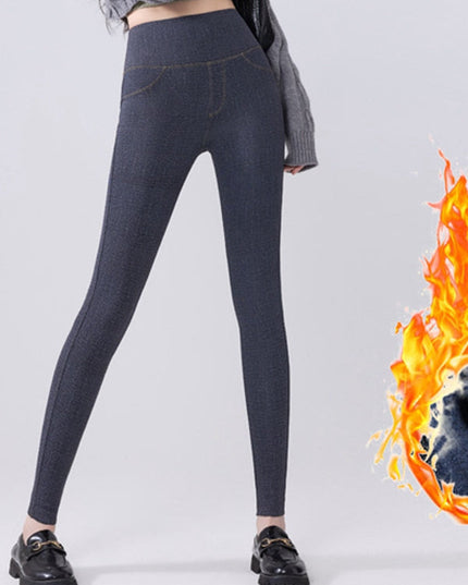 ZASUWA Female Denim Fleece Pocket Elastic Tight Leggings