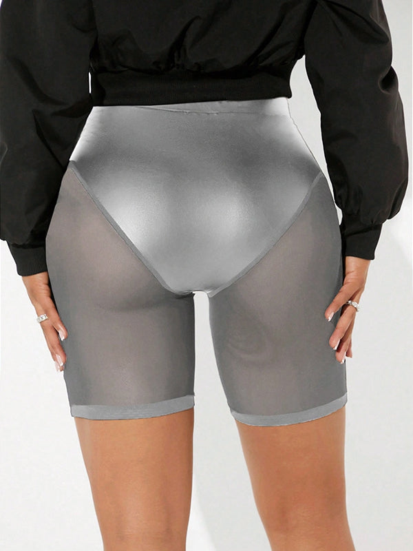 ZASUWA Female Sexy Sheer Mesh Faux Leather High Waist Hip Lift Shorts