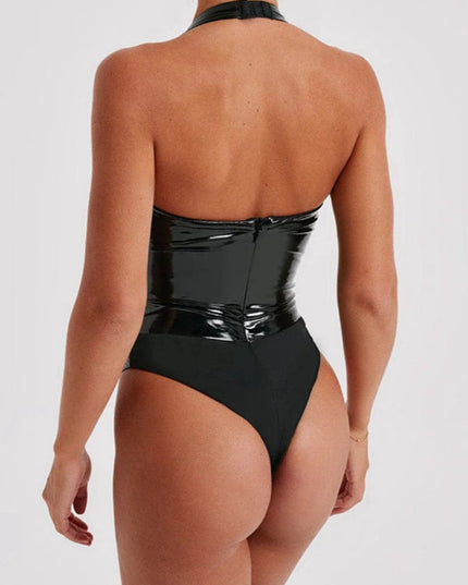 ZASUWA Female Glossy PU V-Collar Zipper Bodysuit