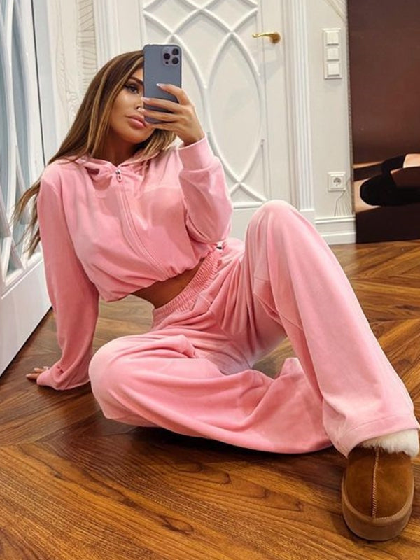 ZASUWA Female Velvet Zipper Pocket Hooded Casual Cropped Tracksuit