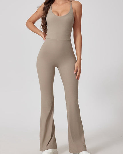 ZASUWA Female Sexy Ribbed Cross Back Flare Jumpsuit