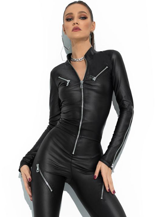 ZASUWA Female PU Faux Leather Zippers Jumpsuit