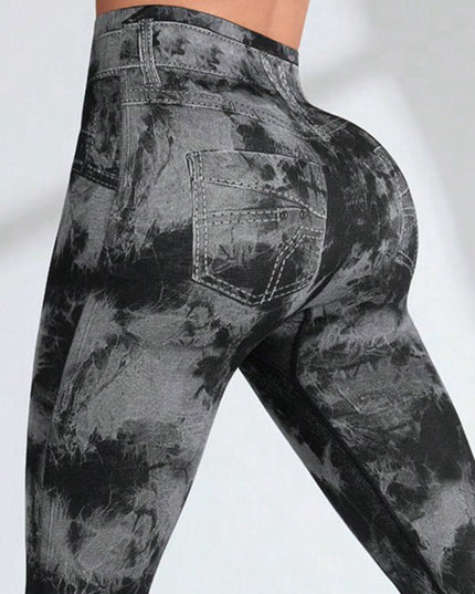 ZASUWA Female Hot Tie-dye Denim Pocket Scrunch Bum Leggings