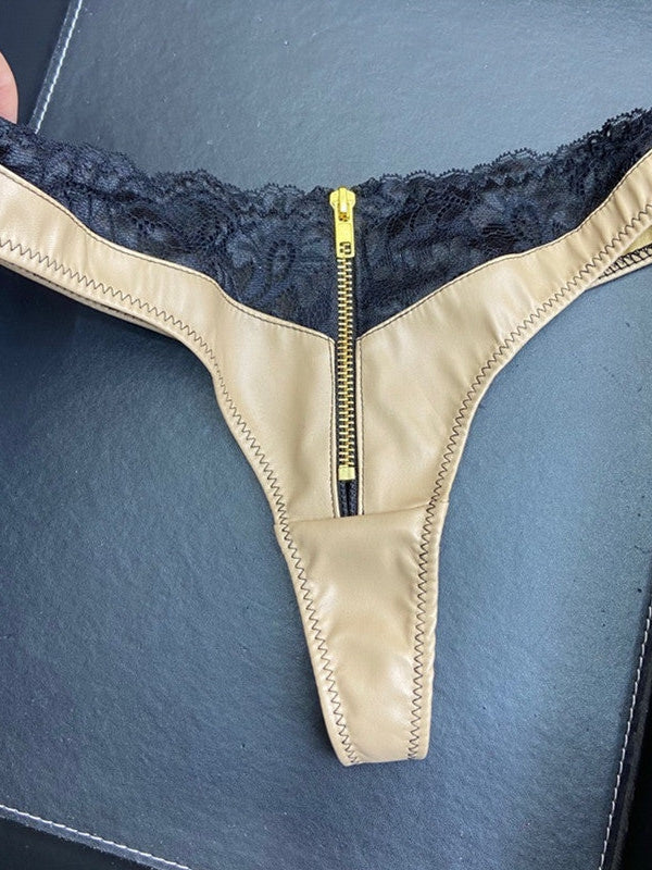 ZASUWA Female Faux Leather Zipper Lace Panties