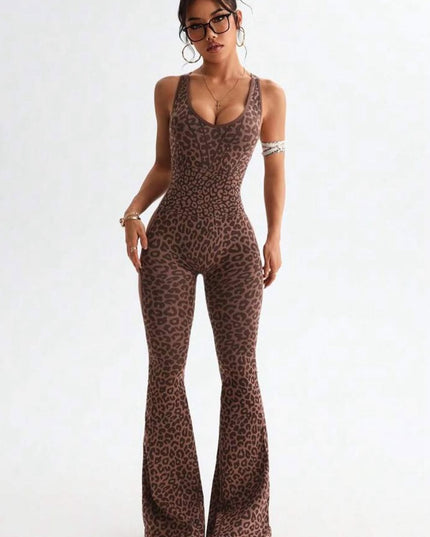 ZASUWA Female Sexy Leopard Print Hollow Out Cross Back Deep V Back Jumpsuit