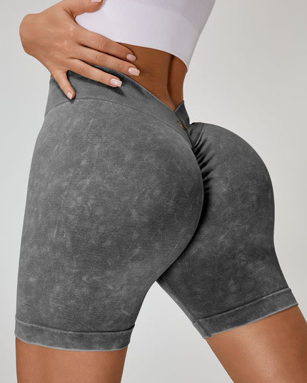 ZASUWA Female Deep V Back Faux Denim Scrunch Bum Spandex Gym Booty Shorts