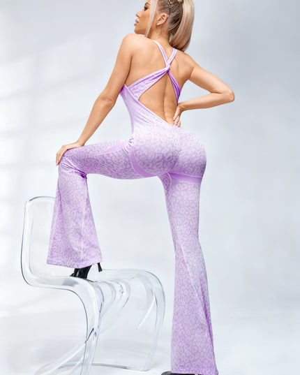 ZASUWA Female Sexy Leopard Print Hollow Out Cross Back Deep V Back Jumpsuit