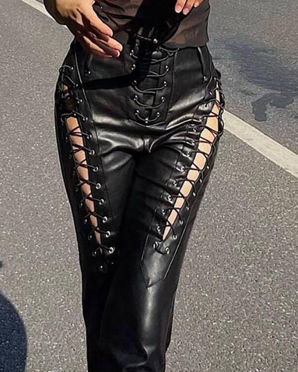 ZASUWA Female PU Faux Leather Lace-up Leggings