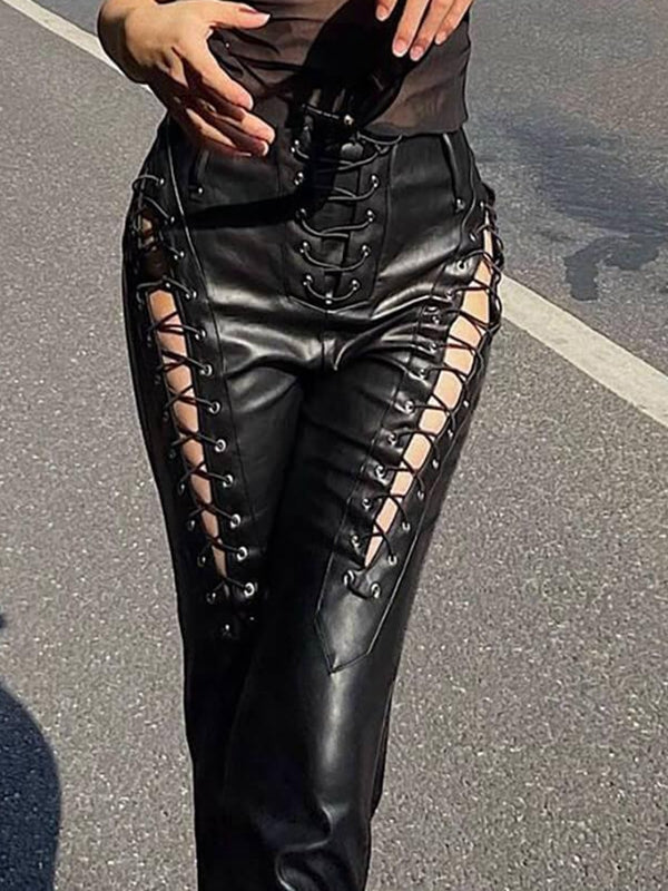 ZASUWA Female PU Faux Leather Lace-up Leggings