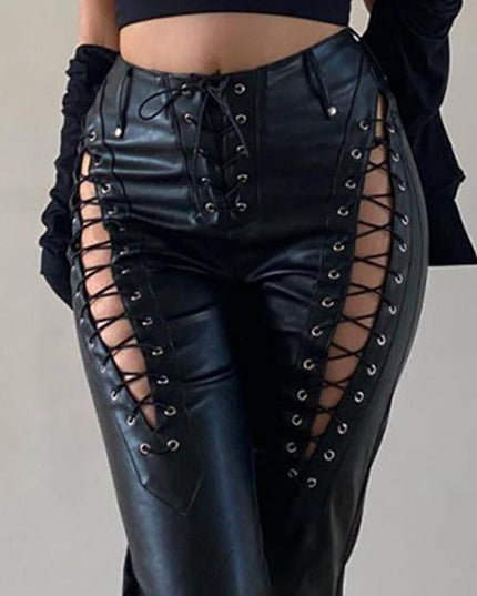 ZASUWA Female PU Faux Leather Lace-up Leggings