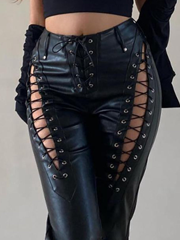 ZASUWA Female PU Faux Leather Lace-up Leggings