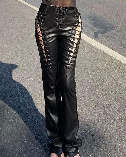 ZASUWA Female PU Faux Leather Lace-up Leggings