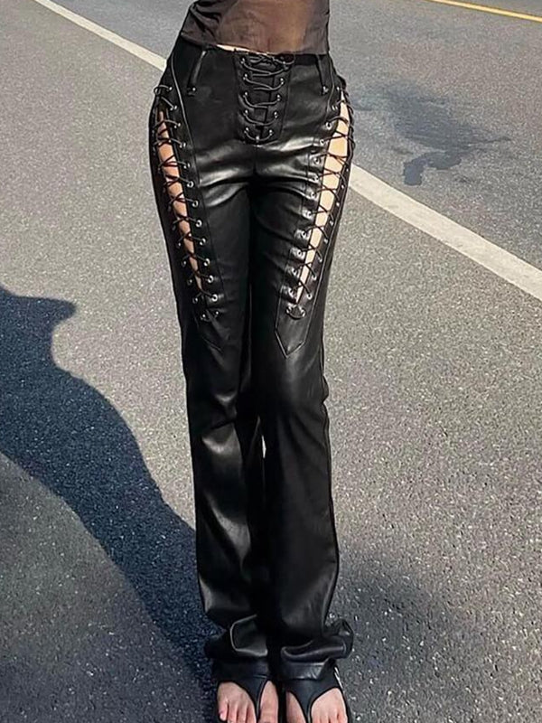 ZASUWA Female PU Faux Leather Lace-up Leggings