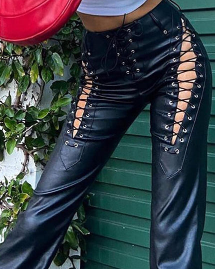 ZASUWA Female PU Faux Leather Lace-up Leggings