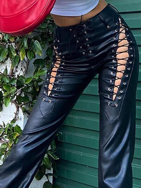 ZASUWA Female PU Faux Leather Lace-up Leggings