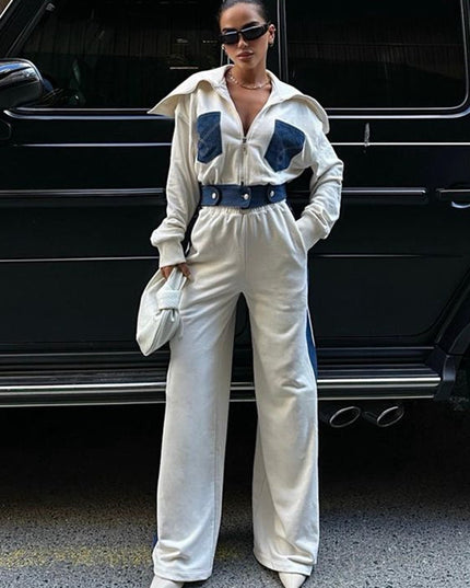 ZASUWA Female Sexy Denim Contrast Color Pocket Casual Tracksuit