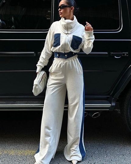 ZASUWA Female Sexy Denim Contrast Color Pocket Casual Tracksuit