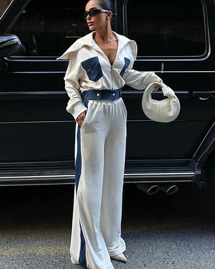 ZASUWA Female Sexy Denim Contrast Color Pocket Casual Tracksuit