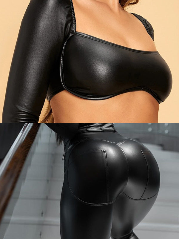 ZASUWA Female Faux Leather Crop Top Long Sleeves