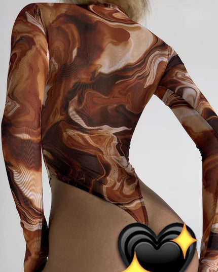 ZASUWA Female Sexy Hot Tie-dye Print Sheer Mesh Bodysuit