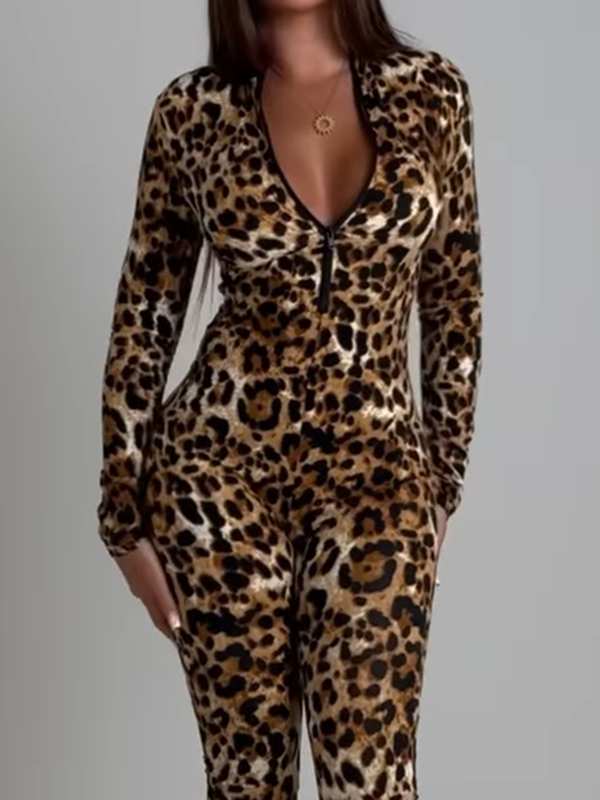 ZASUWA Female Fashion Leopard Print Zipper Jumpsuit