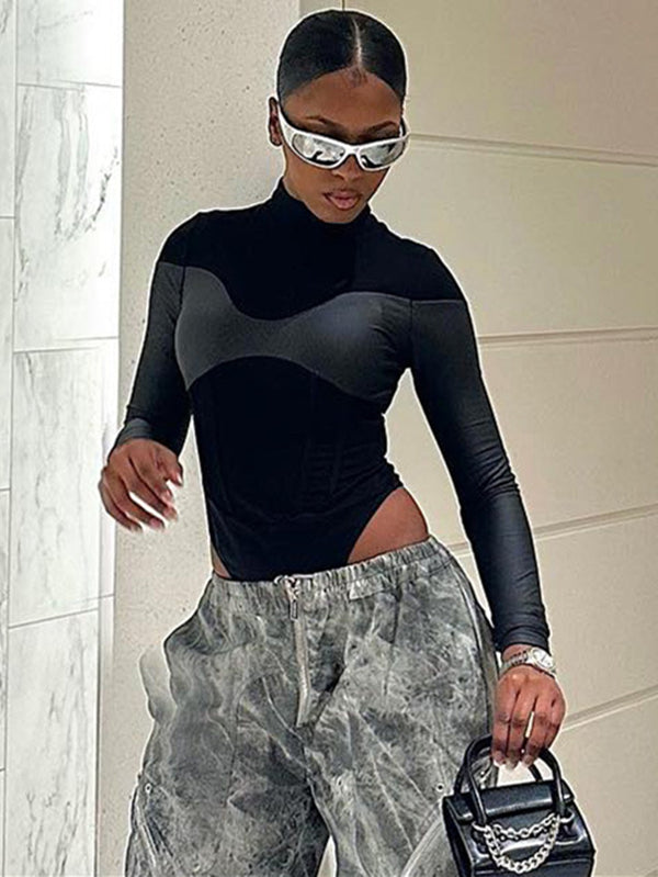 ZASUWA Female Faux Leather Stand Collar Bodysuit