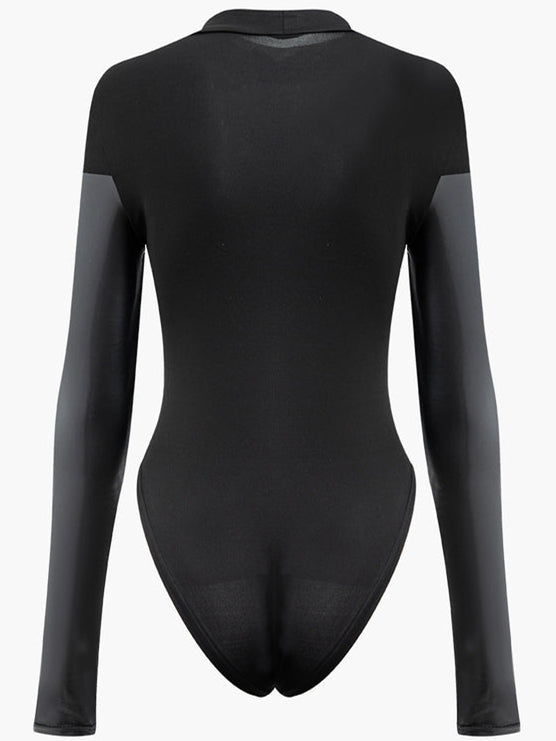 ZASUWA Female Faux Leather Stand Collar Bodysuit
