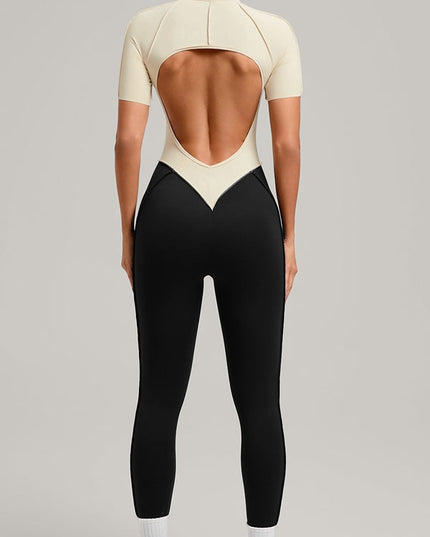 ZASUWA Female Contrast Color Backless Stitch Zipper Jumpsuit