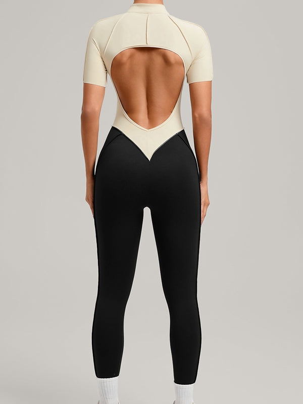 ZASUWA Female Contrast Color Backless Stitch Zipper Jumpsuit