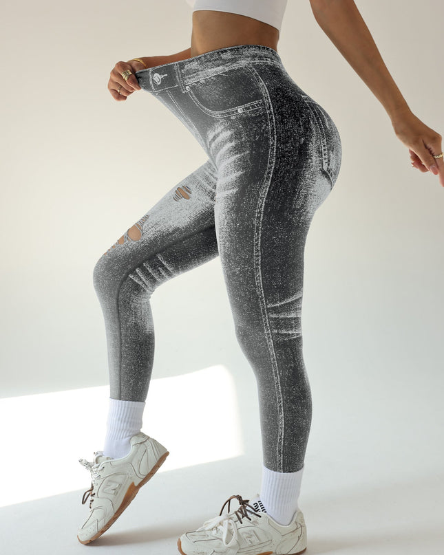 ZASUWA Female Denim Pocket Hollow Out Leggings