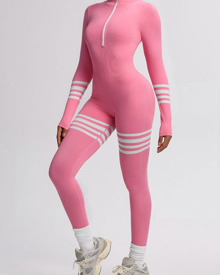 ZASUWA Female Sexy Contrast Color Stripes Zipper Jumpsuit