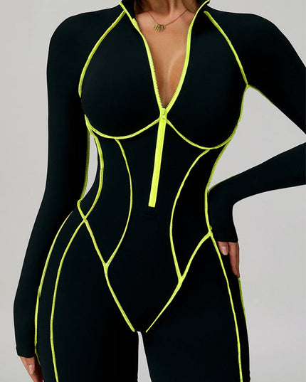 ZASUWA Female Sexy Backless Zipper Contrast Color Stripes Stitch Performance Jumpsuit