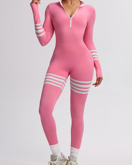 ZASUWA Female Sexy Contrast Color Stripes Zipper Jumpsuit