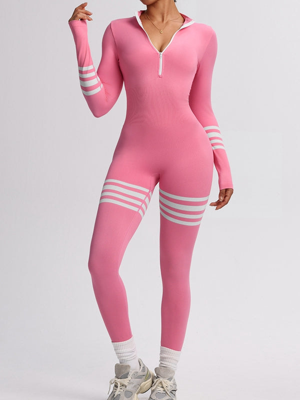 ZASUWA Female Sexy Contrast Color Stripes Zipper Jumpsuit