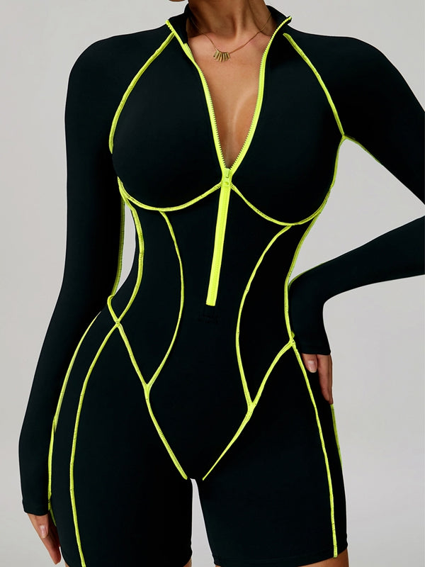 ZASUWA Female Sexy Backless Zipper Contrast Color Stripes Stitch Performance Jumpsuit