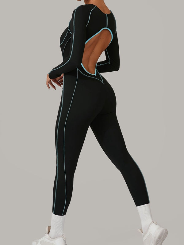 ZASUWA Female Sexy Backless Contrast Color Stripes Jumpsuit