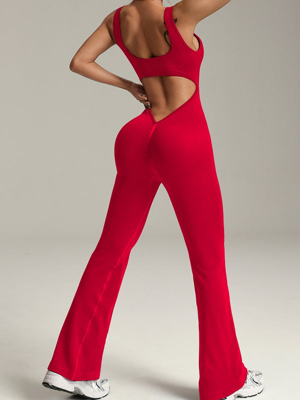 ZASUWA Female Deep V Back Flare Jumpsuit