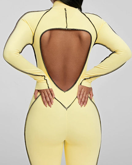 ZASUWA Female Sexy Backless Zipper Contrast Color Stripes Jumpsuit