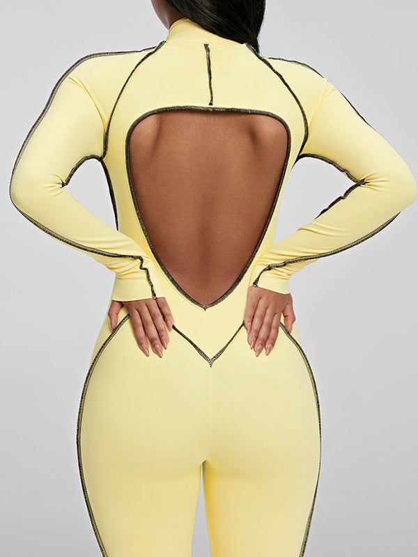 ZASUWA Female Sexy Backless Zipper Contrast Color Stripes Jumpsuit