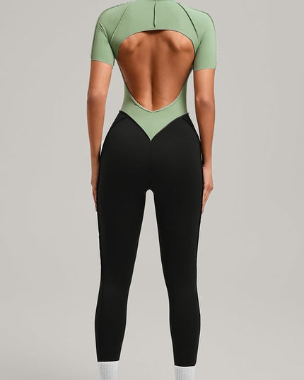 ZASUWA Female Contrast Color Backless Stitch Zipper Jumpsuit